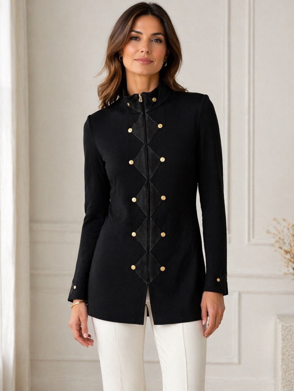 St. John Collection Santana Knit Black Suede Trim Gold Zip Jacket Sz 10